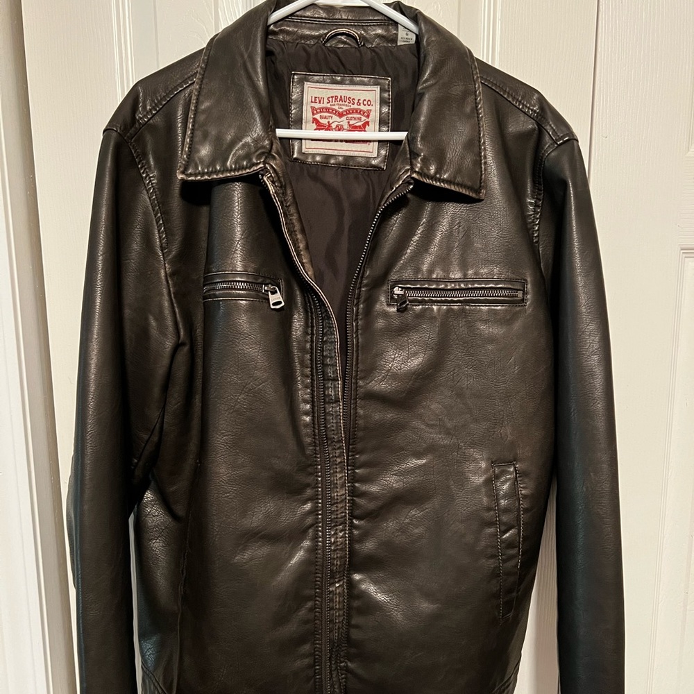 Dark Brown Mens faux Levi Leather Jacket- Large